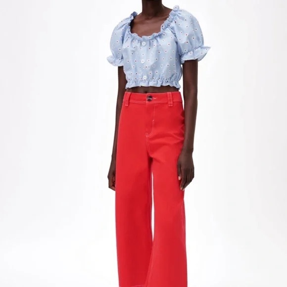 Zara Summer Linen Blend Blue Floral Cropped Blouse - Picture 3 of 9